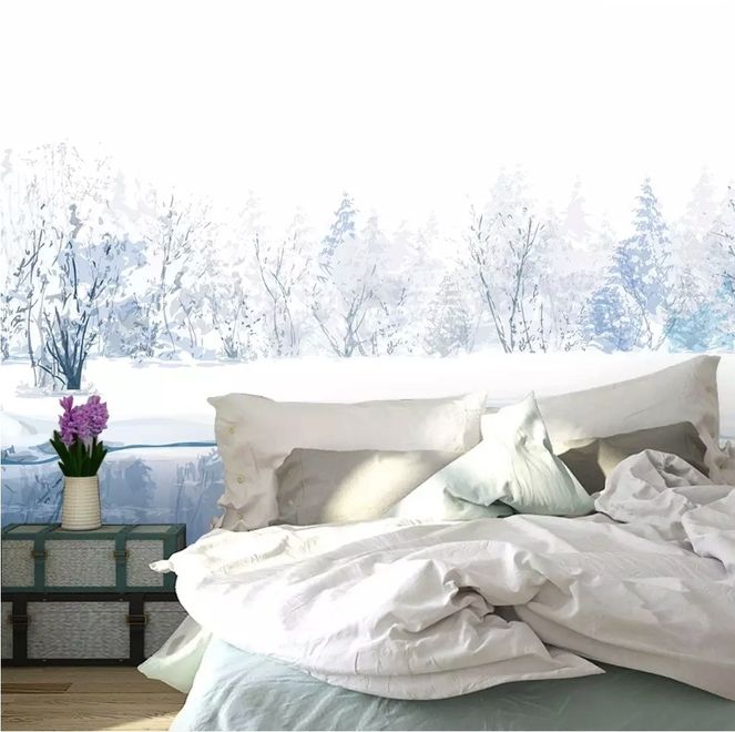 Watercolor Winter Landscape and Lake Wallpaper Mural