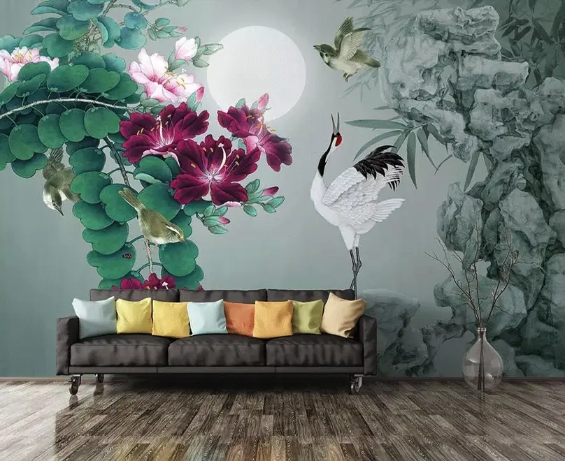 White Stork and Purple Flowers Wallpaper Mural