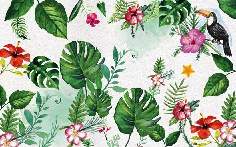 Colorful Mirabilis Flowers and Tropical Leaves Wallpaper Mural