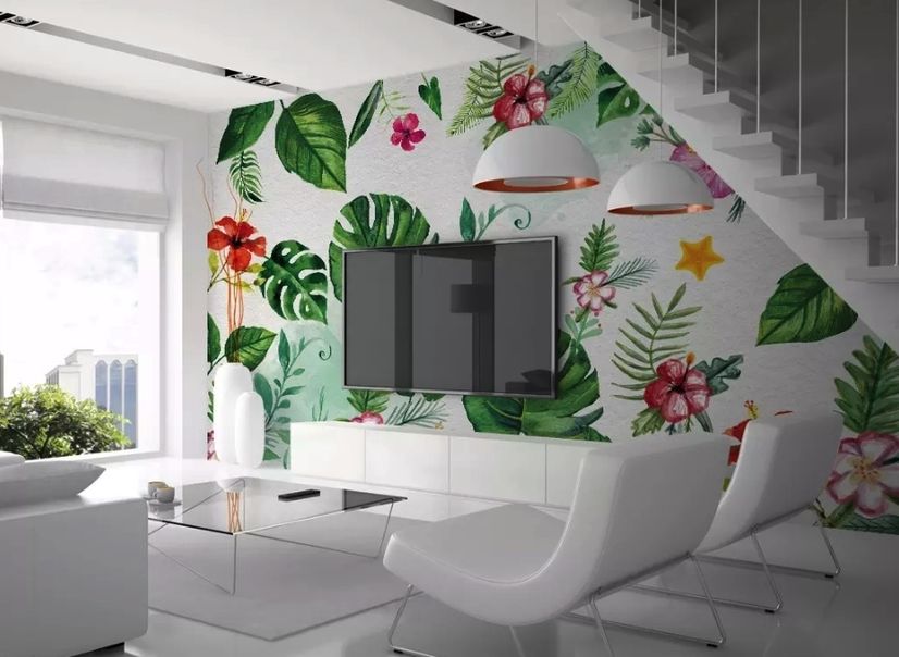 Colorful Mirabilis Flowers and Tropical Leaves Wallpaper Mural