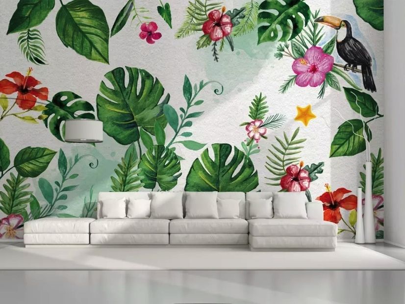 Colorful Mirabilis Flowers and Tropical Leaves Wallpaper Mural