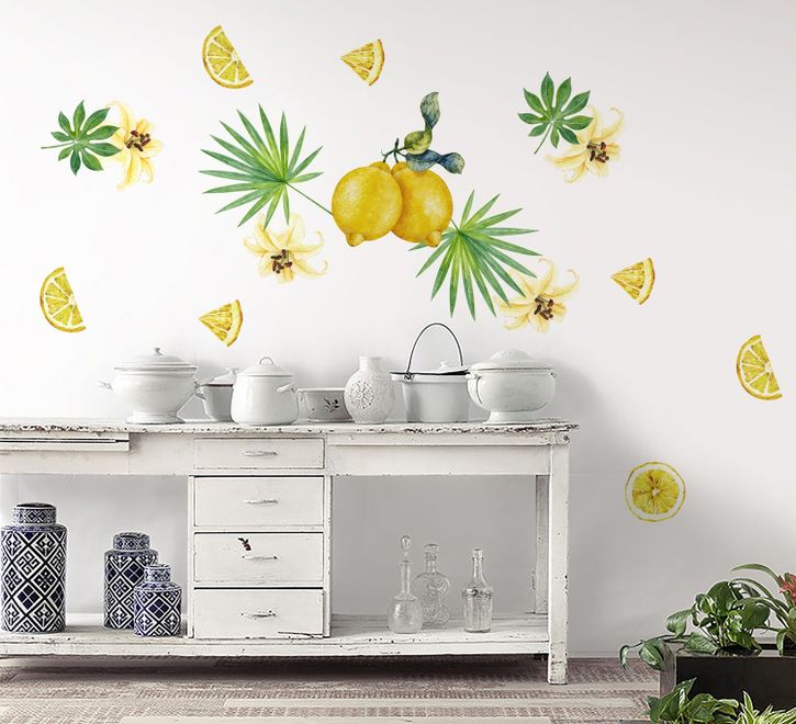 Yellow Lemon with Lily Florals Wall Decal Sticker