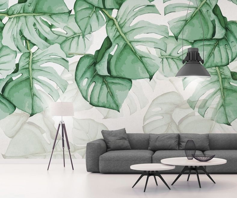 Light Green Tropical Leaves Wallpaper Mural