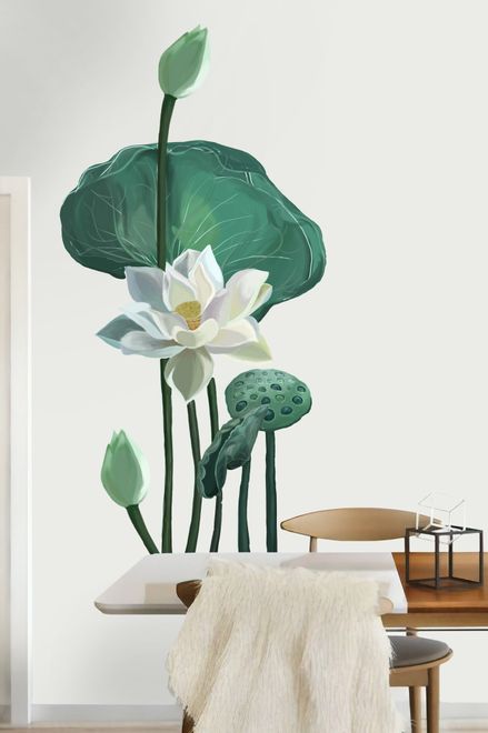 Watercolor White Lotus Floral and Leaves Wall Decal Sticker