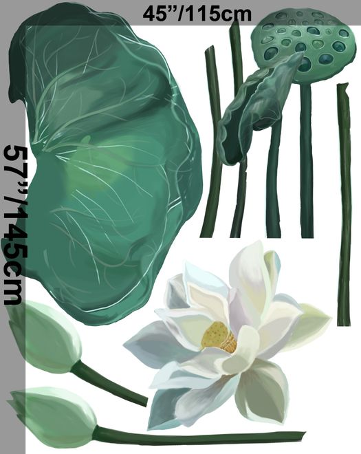 Watercolor White Lotus Floral and Leaves Wall Decal Sticker