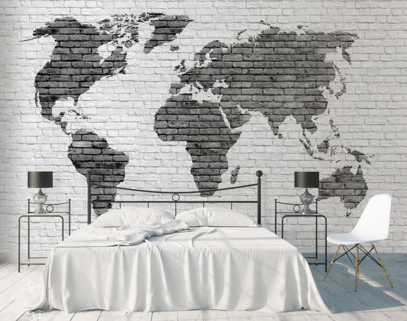 Black White Brick World Maps Wallpaper Mural