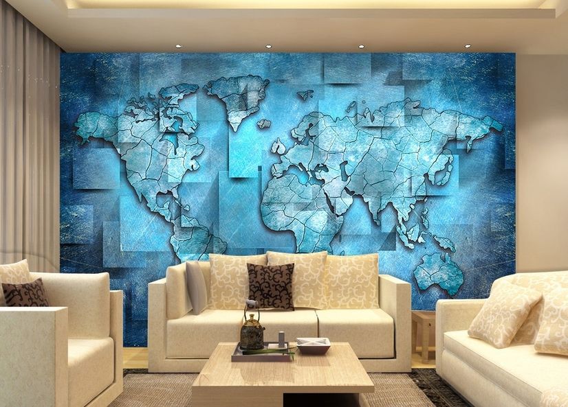 3D Effect Blue World Map Wallpaper Mural