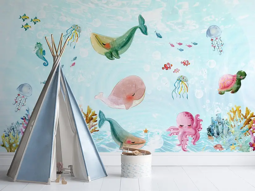 Nursery Cute Sea Animals Wallpaper Mural