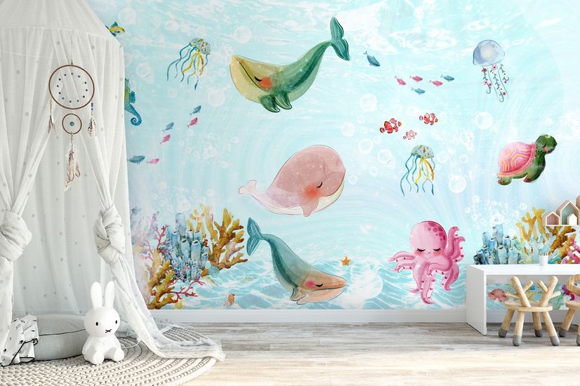 Nursery Cute Sea Animals Wallpaper Mural