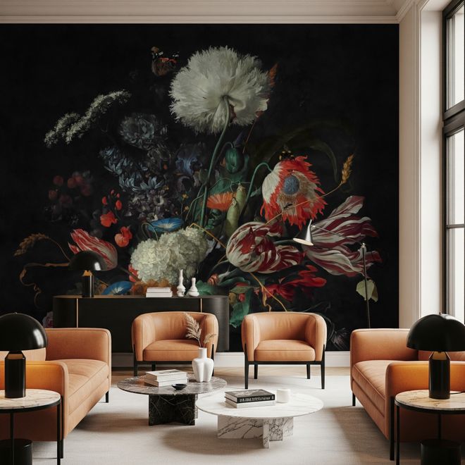 Dark Floral Bouqet with Tulips and Roses Wallpaper Mural Dark Floral Bouqet with Tulips and Roses Wallpaper Mural