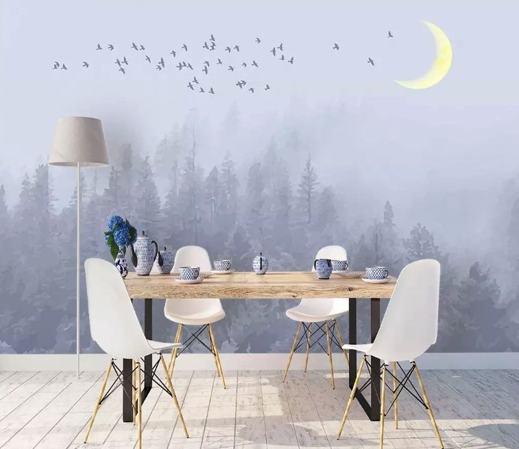 Monochrome Night Forest and Birds Wallpaper Mural