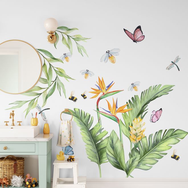 Cute Tropical Leaves and Flowers Wall Decal Sticker