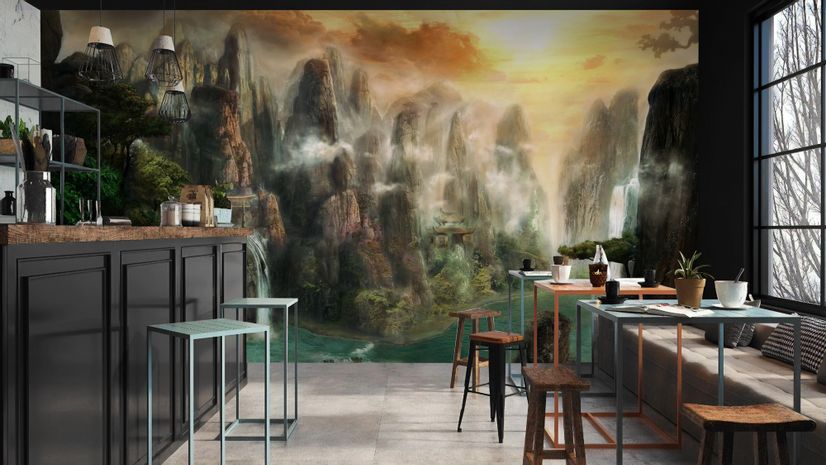 3D Look Waterfall and Misty Sea Landscape on the Sunrise Wallpaper Mural