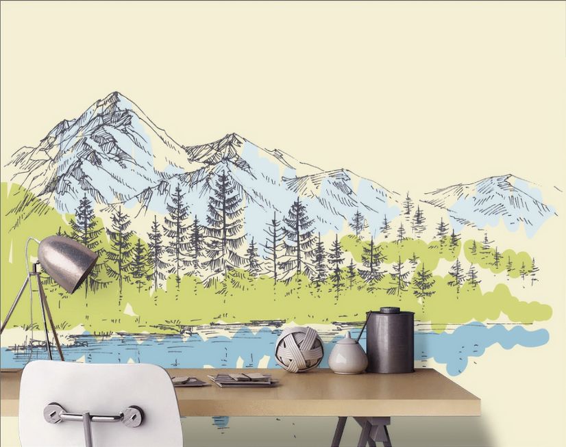 Charcoal Mountain Landscape with Lake and Pine Trees Wallpaper Mural