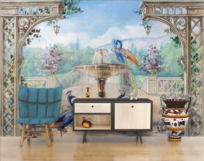 Painting Garden with Fountain, Peacock and Roman Column Wallpaper Mural