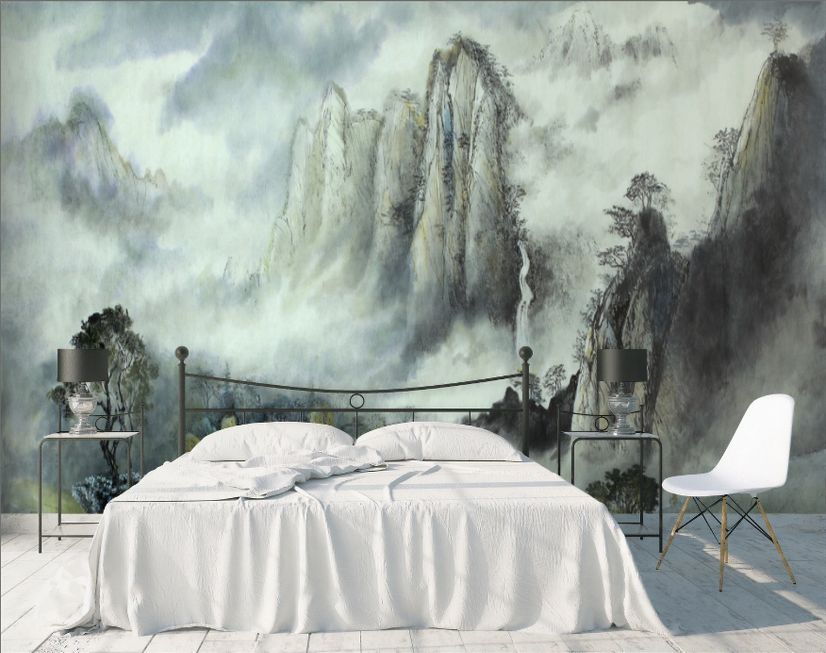 Misty Chinese Mountain Landscape and Waterfalls Wallpaper Mural