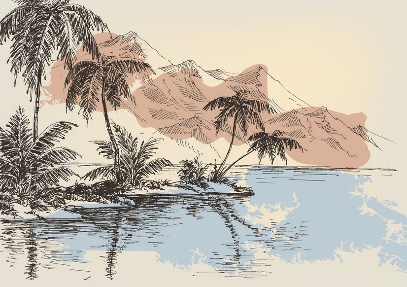 Vintage Charcoal Tropical Palm Tree and Summer Beach Wallpaper Mural