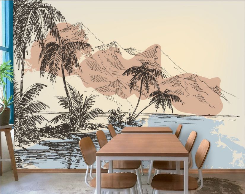 Vintage Charcoal Tropical Palm Tree and Summer Beach Wallpaper Mural