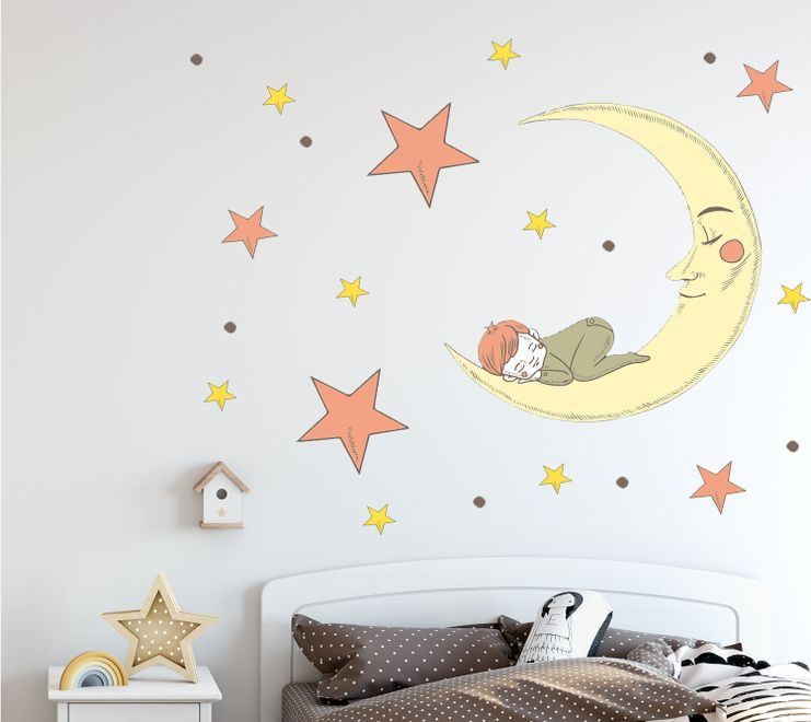 Nursery Smiling Moon with Orange and Yellow Stars Wall Decal Sticker