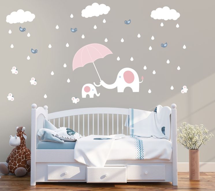 Kids Calf Elephant with White Raindrops and Little Butterfly Wall Decal Sticker