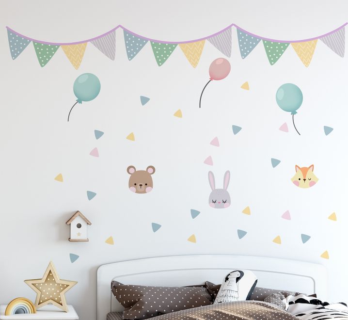 Nursery Cute Animals with Colorful Bunting and Triangle Flags Wall Decal Sticker