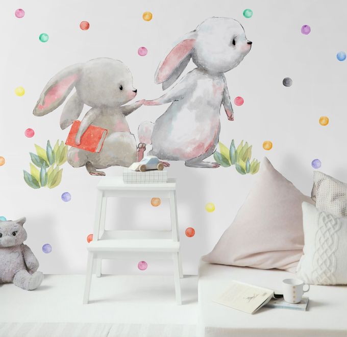 The Cute Bunny Reading Books with Colorful Polka Dots Kids Wall Decal Sticker