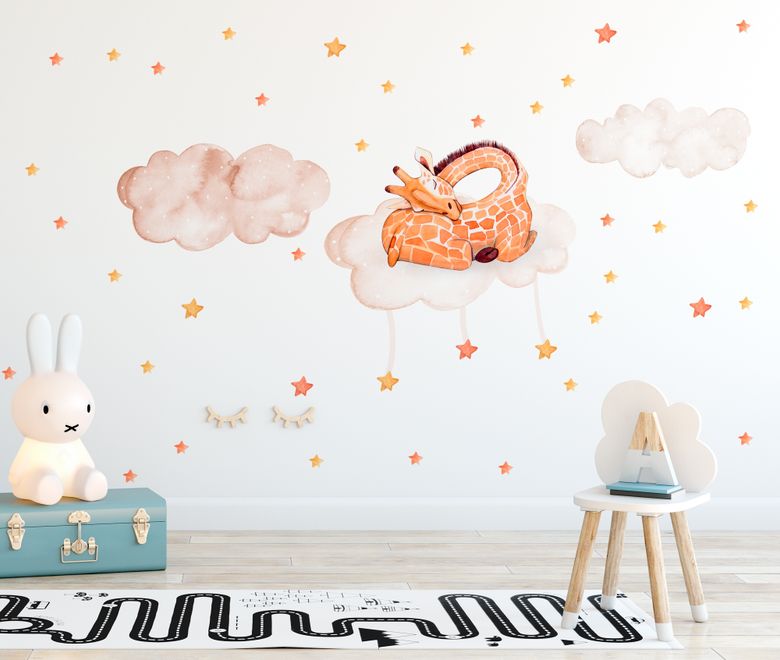 Nursery Watercolor Sleeping Giraffe and Clouds with Little Stars Wall Decal Sticker