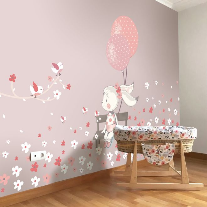 Cute Bunny with Pink Balloons and Little Flowers Wall Decal Sticker