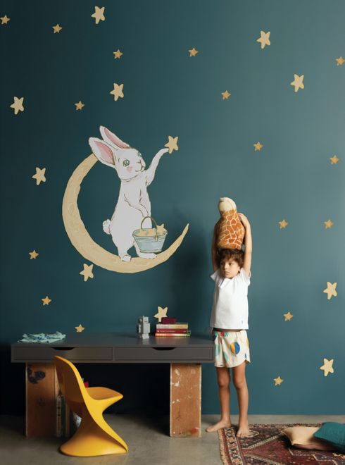 Nursery Cute Rabbit on the Crescent Moon and Yellow Stars Wall Decal Sticker