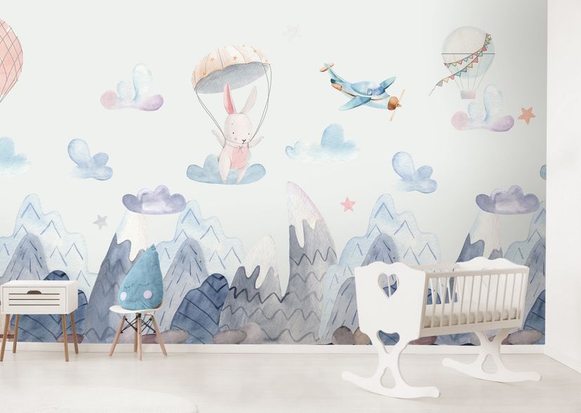 Watercolor Style Kids Landscape with Cute Bunny Wallpaper Mural