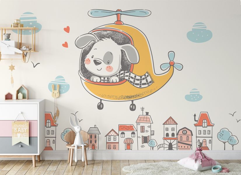 Cute Puppy in Helicopter Wallpaper Mural