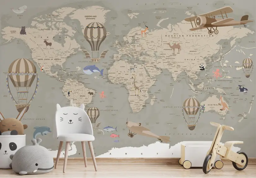 Kids Soft Brown Political World Map with Drawing Animals Wallpaper Mural