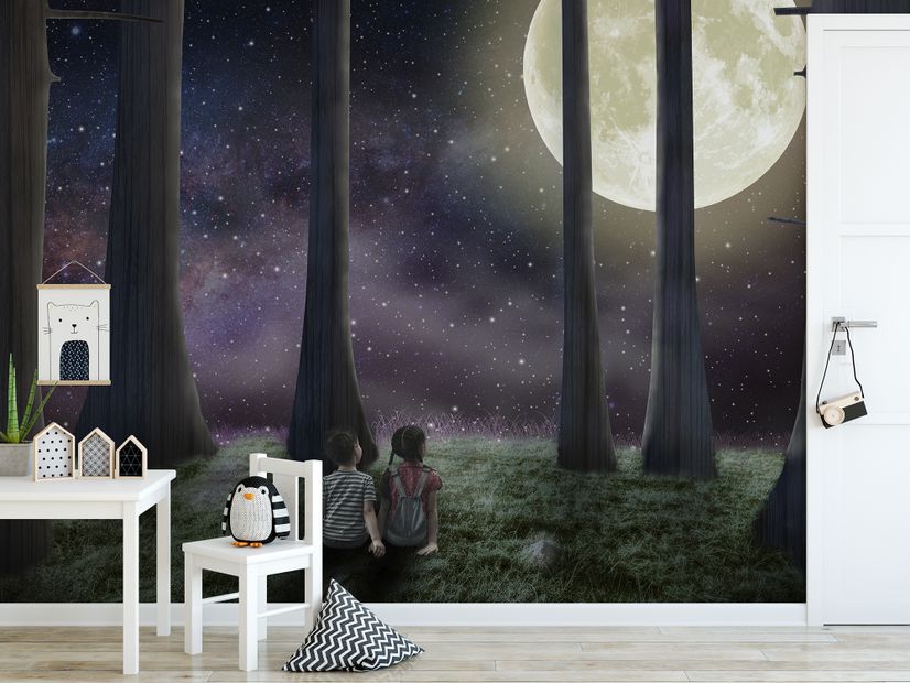 3D Look Moon Landscape with Cute Kids Wallpaper Mural