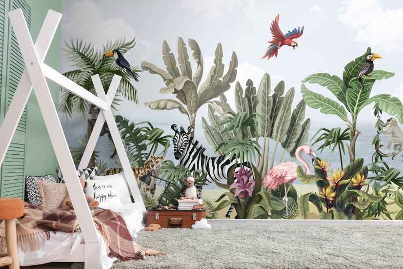 Kids Jungle View with Exotic Animals Wallpaper Mural