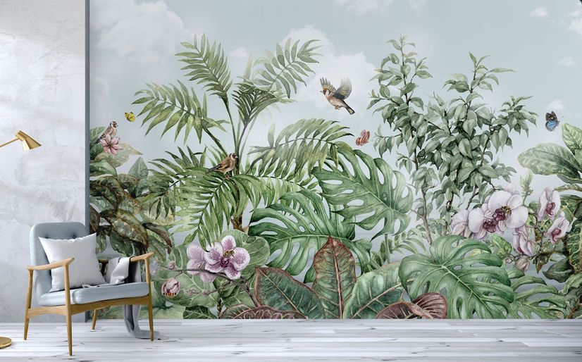 Tropical Leaves with Birds and Florals Wallpaper Mural