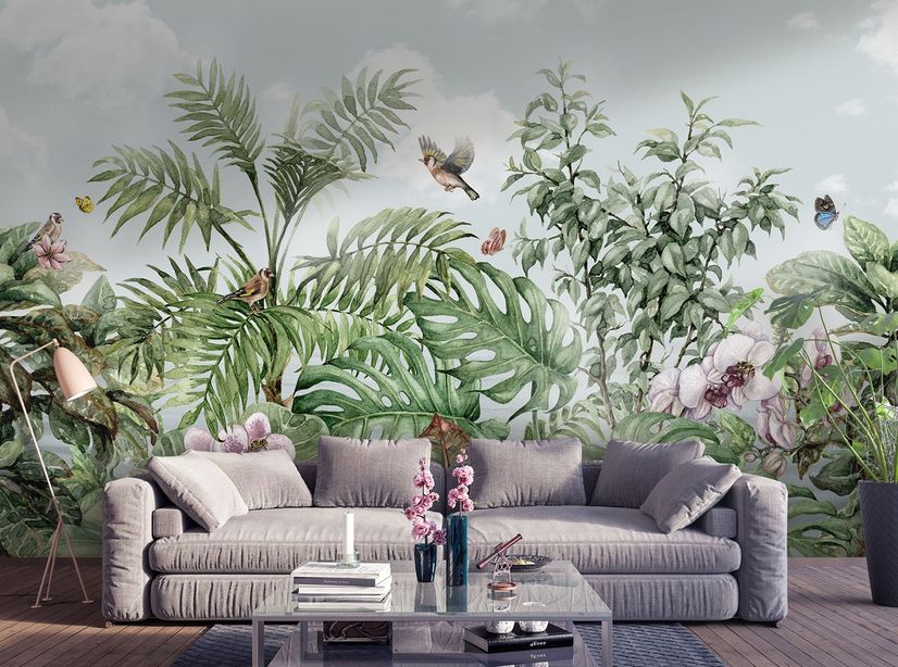 Tropical Leaves with Birds and Florals Wallpaper Mural