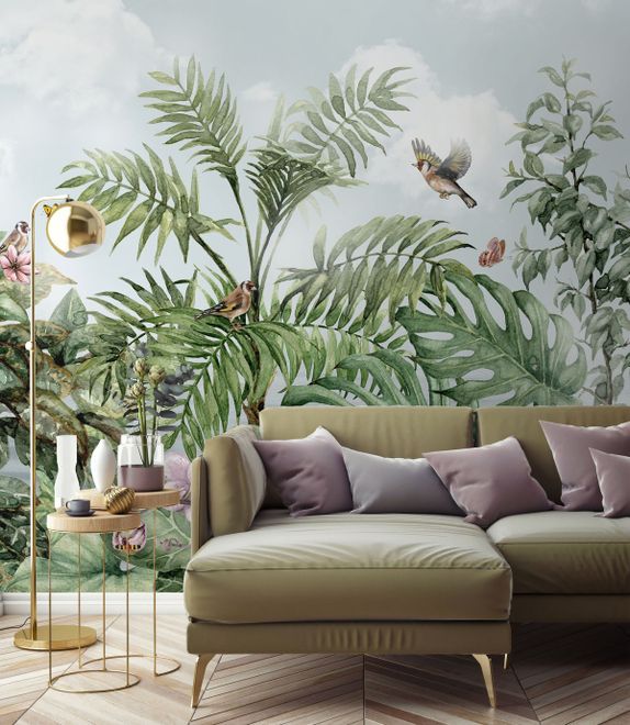 Tropical Leaves with Birds and Florals Wallpaper Mural