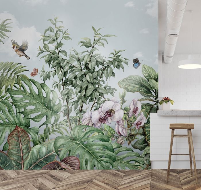 Tropical Leaves with Birds and Florals Wallpaper Mural