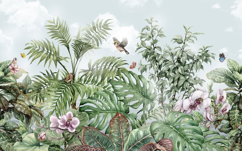 Tropical Leaves with Birds and Florals Wallpaper Mural