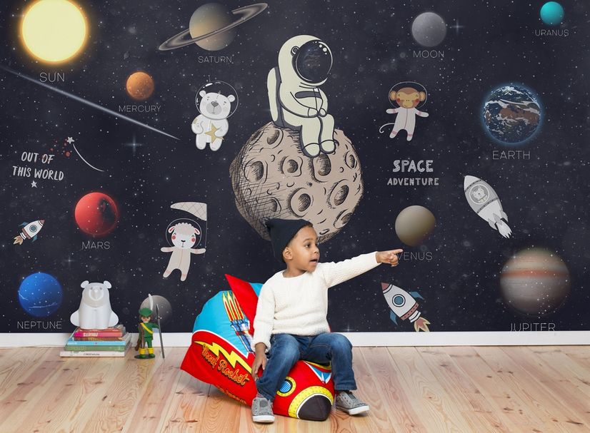 Astronaut and Animals in Space Wallpaper Mural for Children