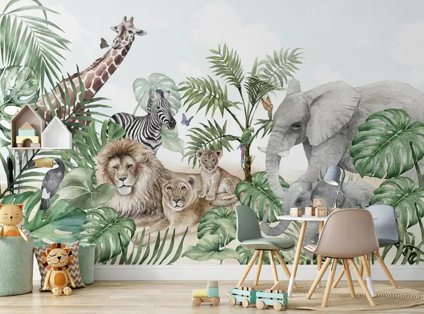 Jungle Wallpaper Watercolor Safari Animals Wall Mural Nursery Kids Room  Playroom
