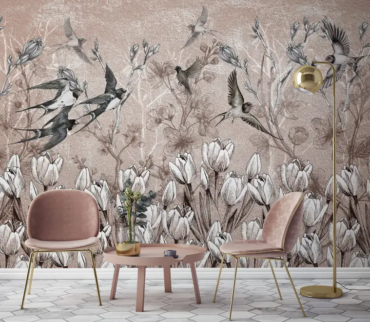 Flying Birds on Flowers Wallpaper Mural