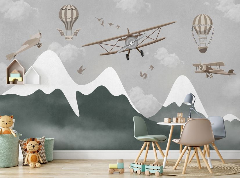 Kids Snowy Mountain with Plane and Balloons Wallpaper Mural