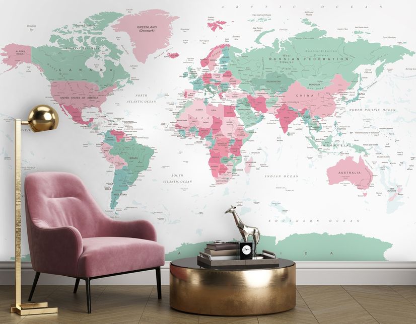 Pink and Green Political World Map Wallpaper Mural