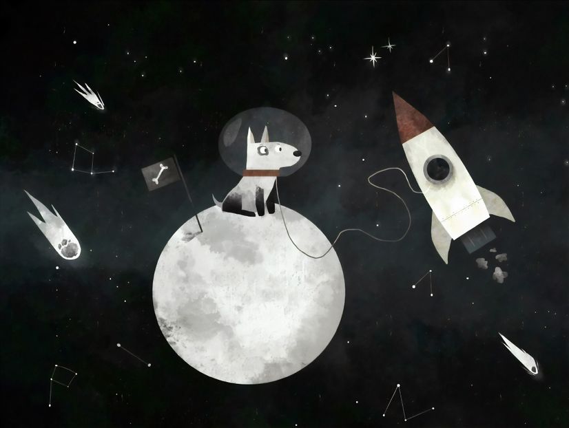 Kids Space Dog with Moon and Rockets Wallpaper Mural
