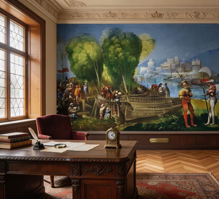 Medieval Lake Landscape with Boats Wallpaper Mural