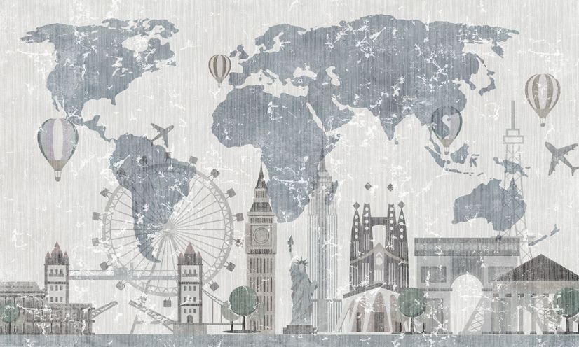 Vintage World Map with Old Hot Air Balloon Wallpaper Mural