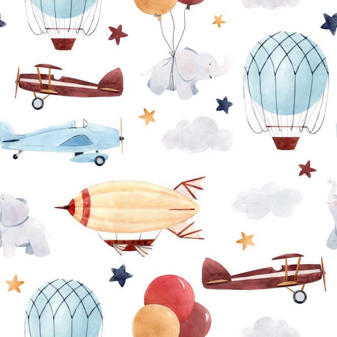 Kids Vintage Hot Air Balloon and Aircraft Pattern Wallpaper Mural