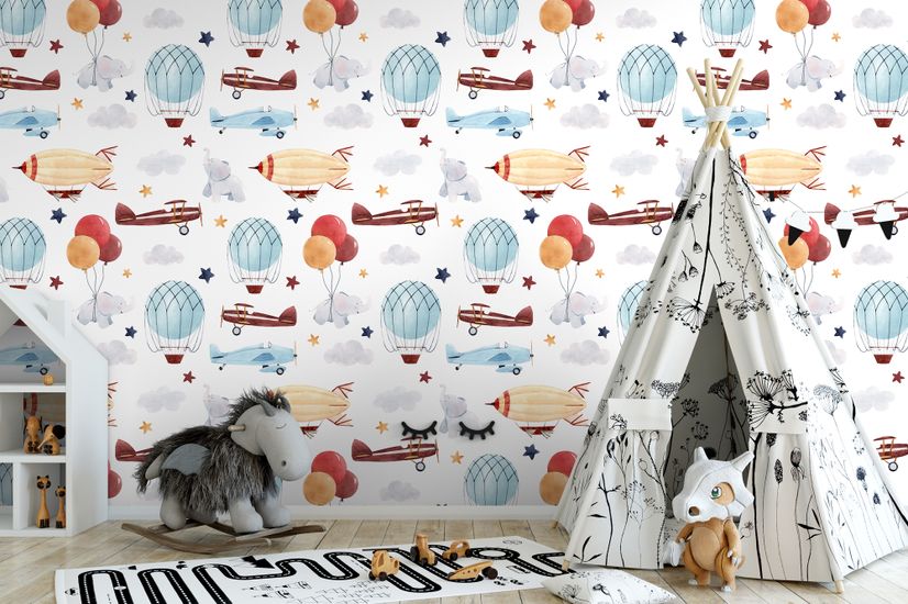 Kids Vintage Hot Air Balloon and Aircraft Pattern Wallpaper Mural
