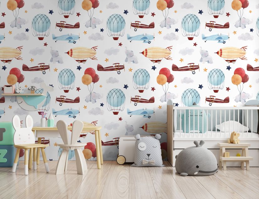 Kids Vintage Hot Air Balloon and Aircraft Pattern Wallpaper Mural
